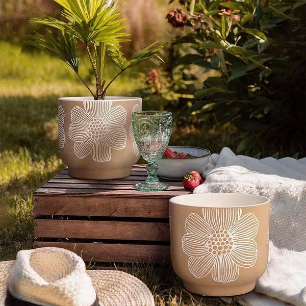 8 Inch + 6 Inch Flower Pattern Plant Pots, Sand Glazed Ceramic